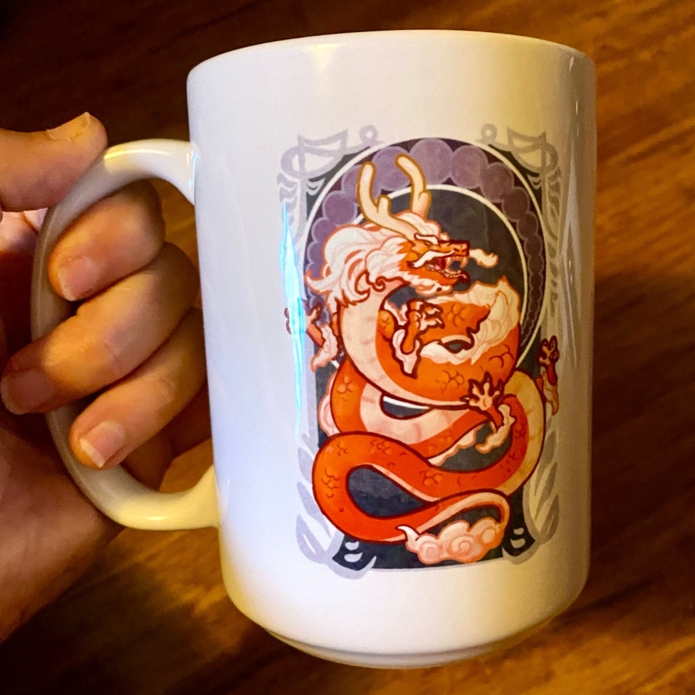 Art Nouveau Orange & Red Dragon with purple background on White Mug